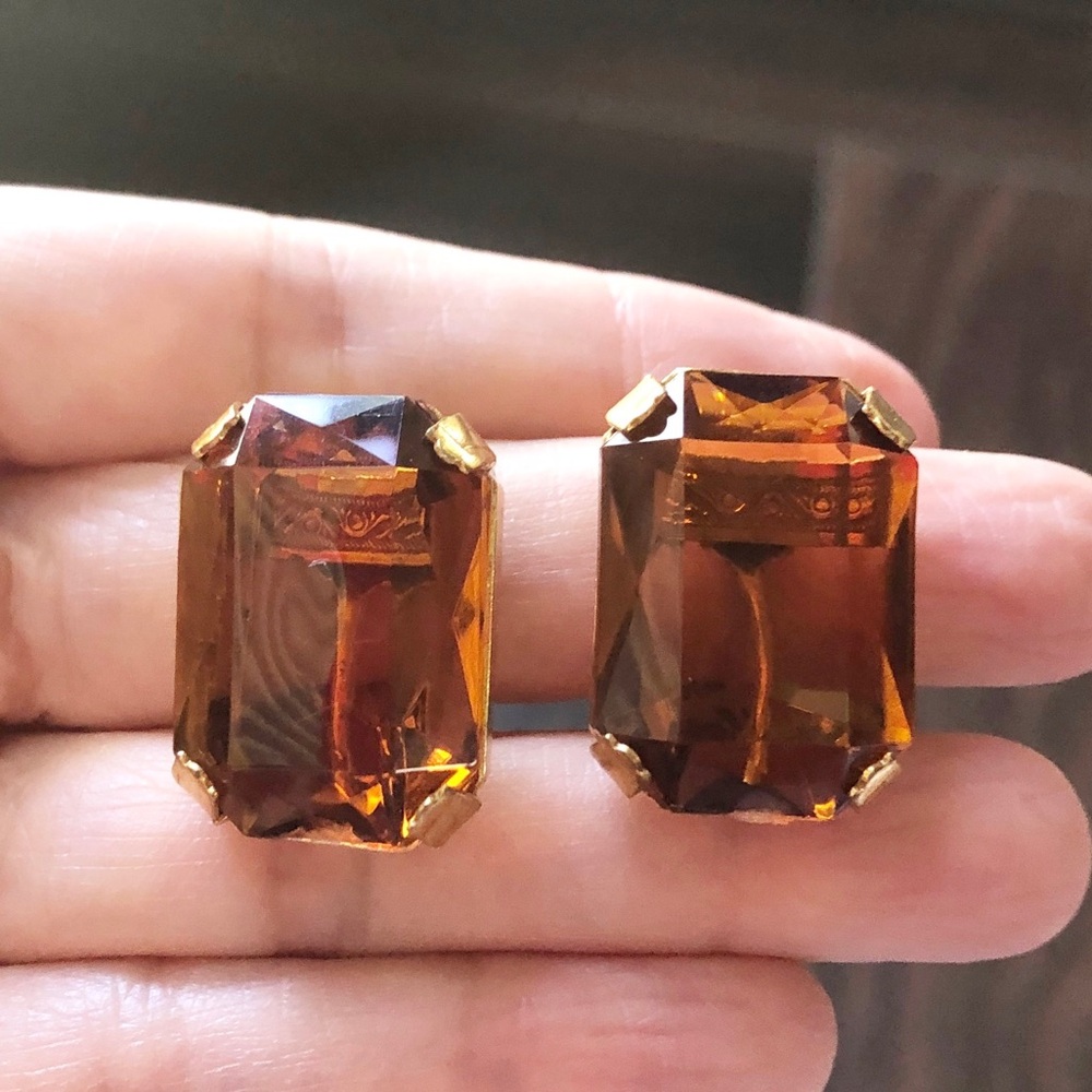 Miriam Haskell Emerald Cut Root Beer Adjustable Clip On Earrings, Gold Tone